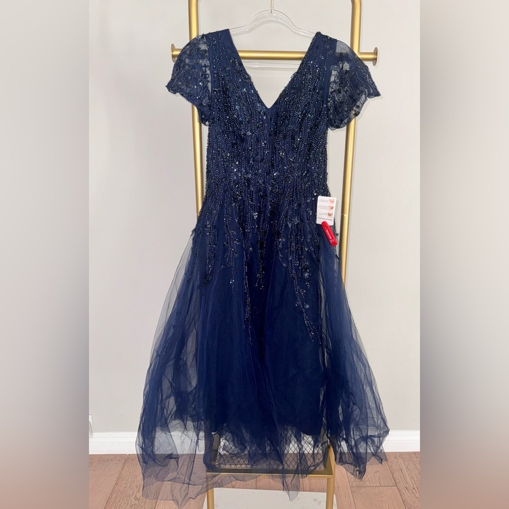 NEW MAC DUGGAL Embellished Flutter Sleeve Tea-Length Dress Midnight Navy 20304 - Picture 7 of 9